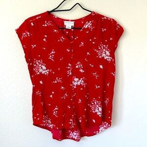 Liz Claiborne Red Floral Cherry Blossom Print Rayon Cap Sleeve Button Down Top S